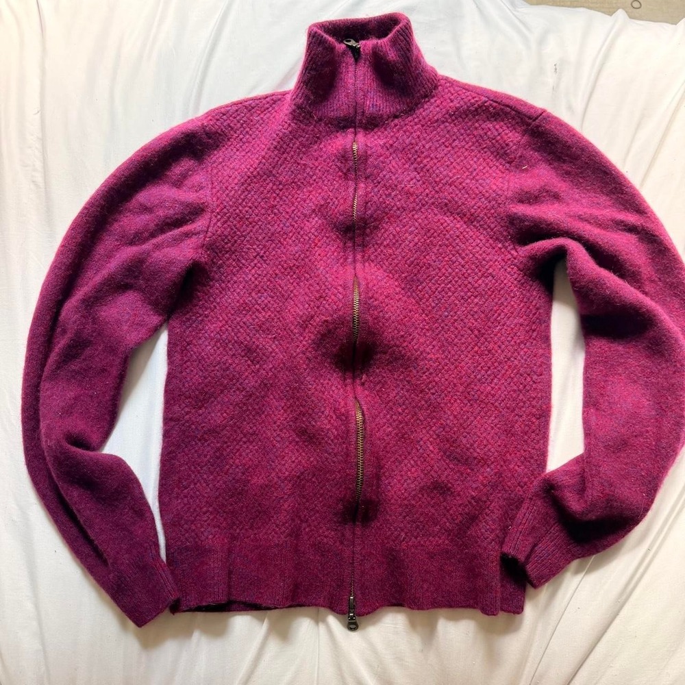 Neiman Marcus 100% Cashmere Full Zip Mock Neck Sweater Jacket Purple Burgundy S